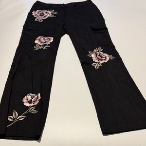 Karen Kane Black Straight-Leg Pants with Pink Floral Embroidery